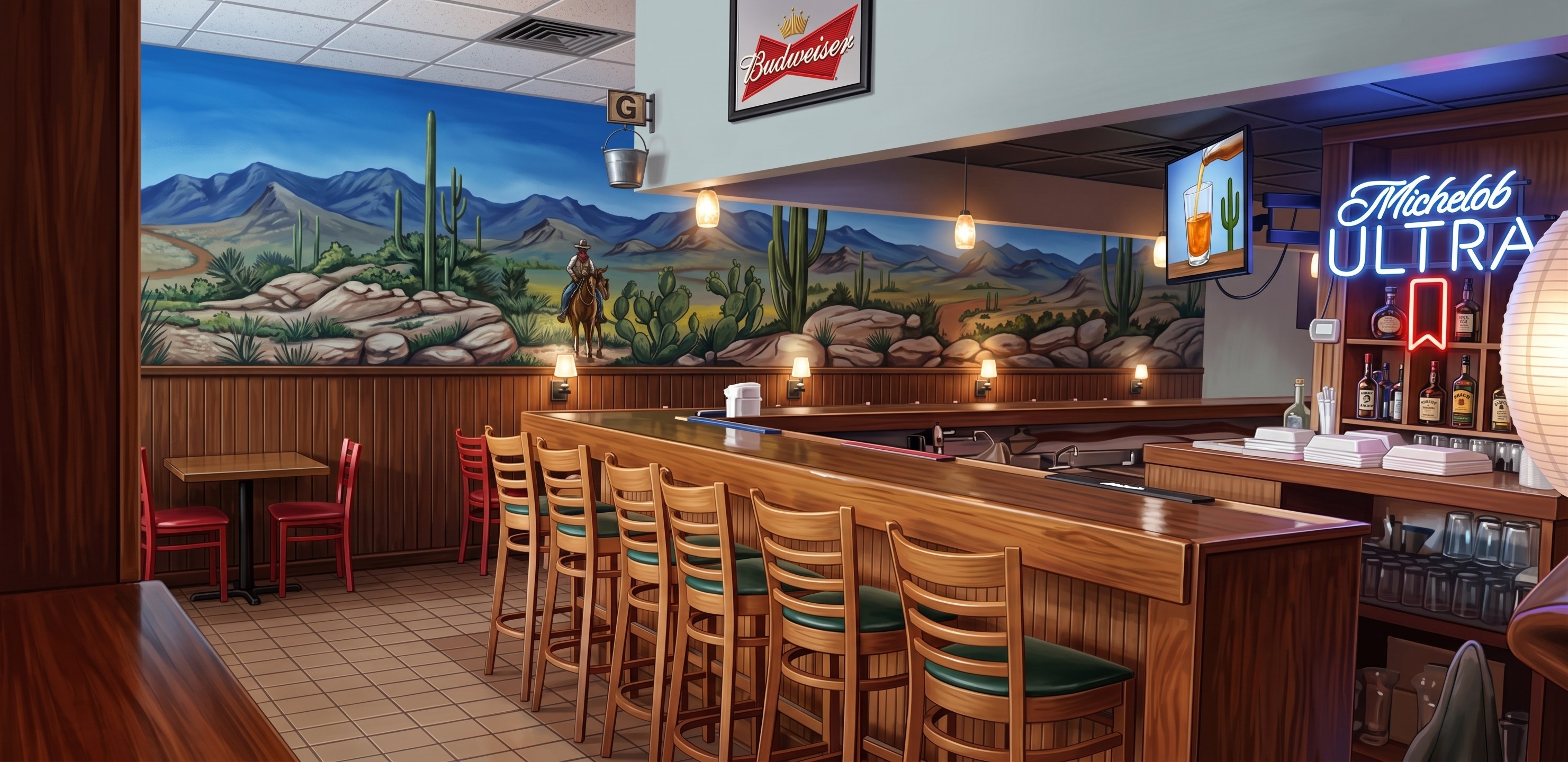 The bar and the painted booths at Coyote Rojo, under the desert mural