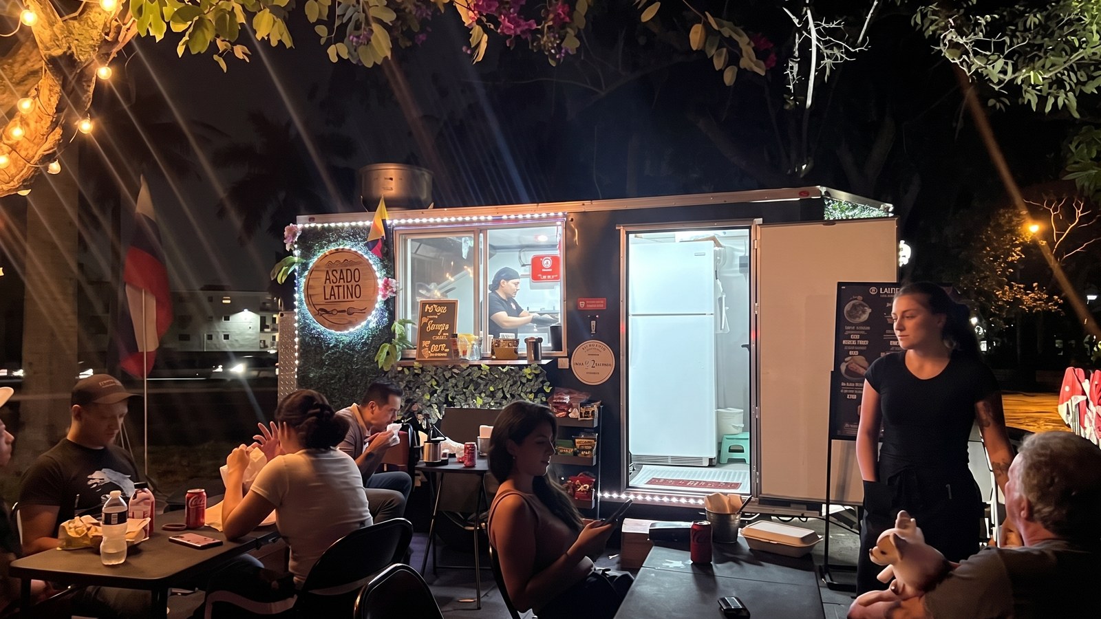 Tables beside the truck at night
