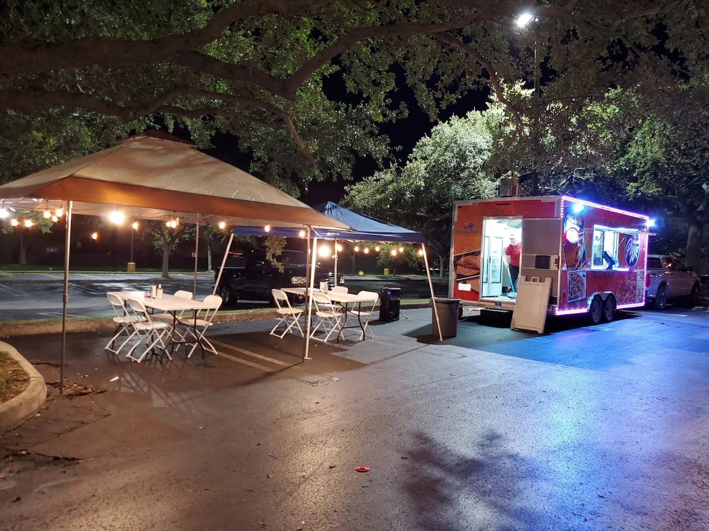 Outdoor seating area at night