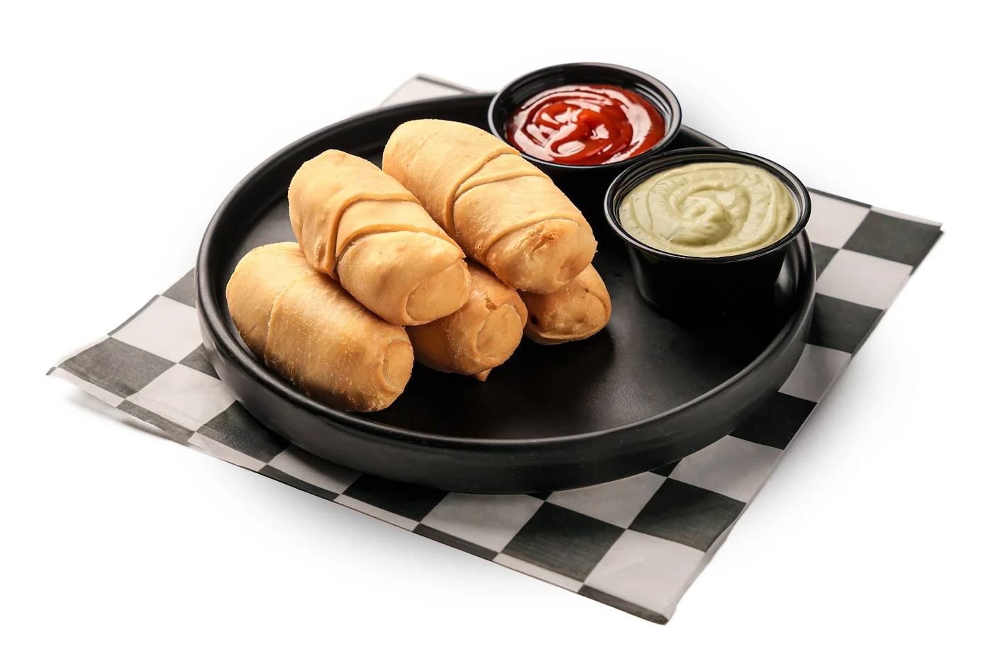 Filled pastries served with two dipping sauces.